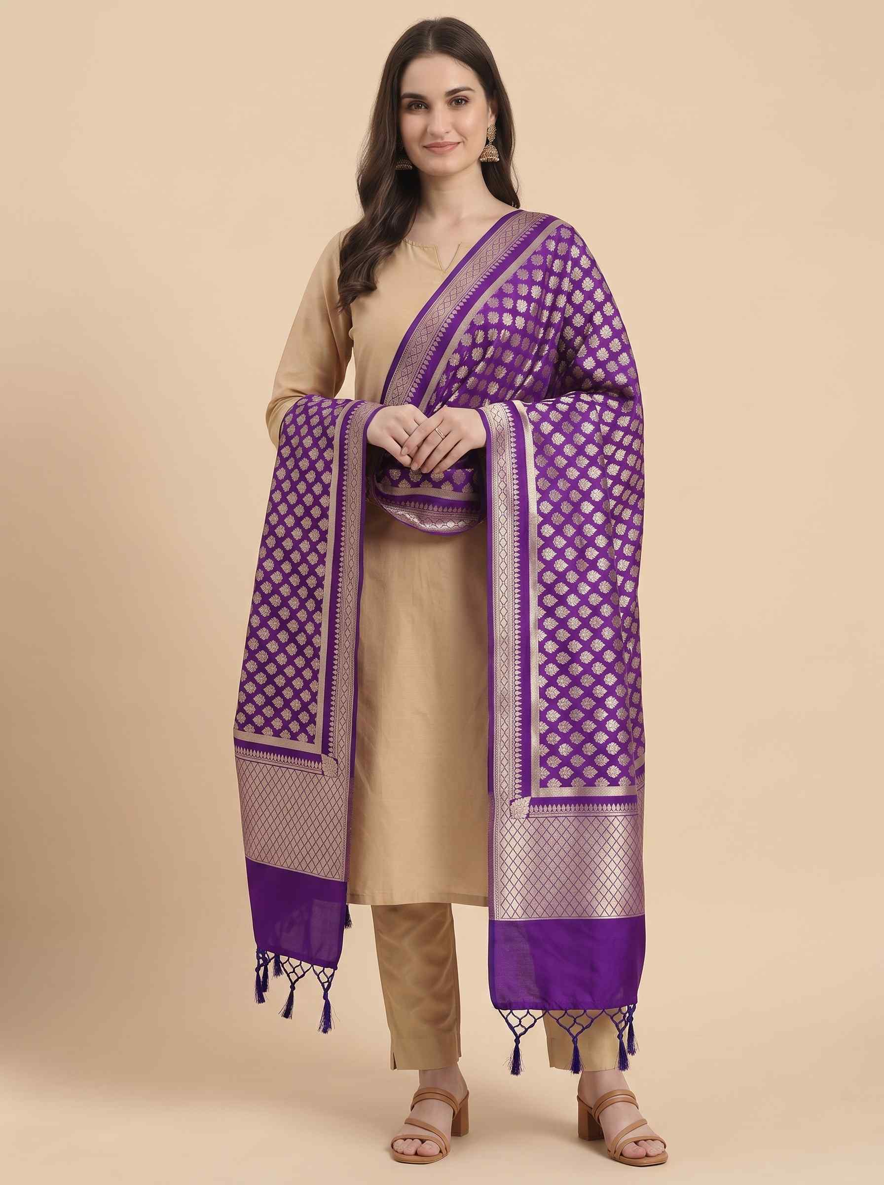 Purple Semi Kataan Silk Banarasi Dupatta With Beautiful Booti Zari Work