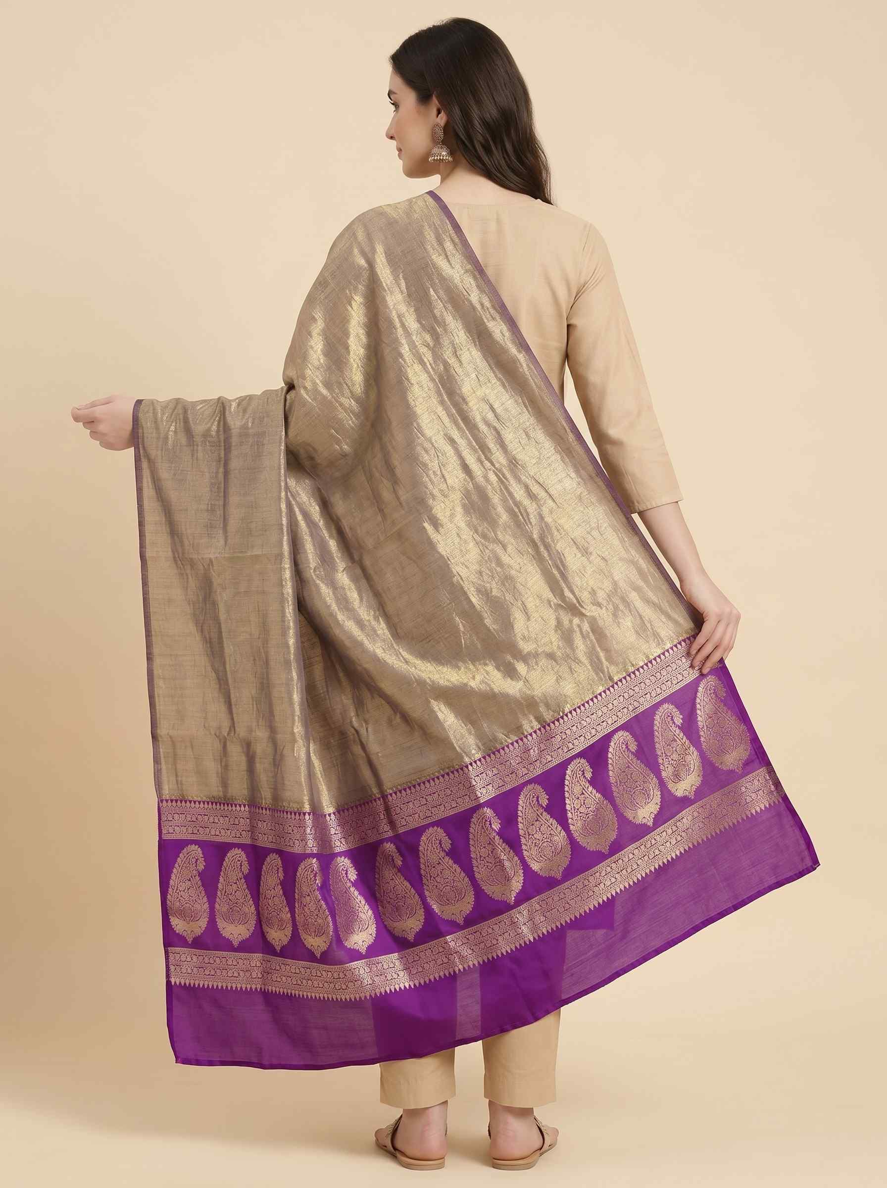 Purple Tissue Silk Pure Banarasi Dupatta With Floral Boota Work