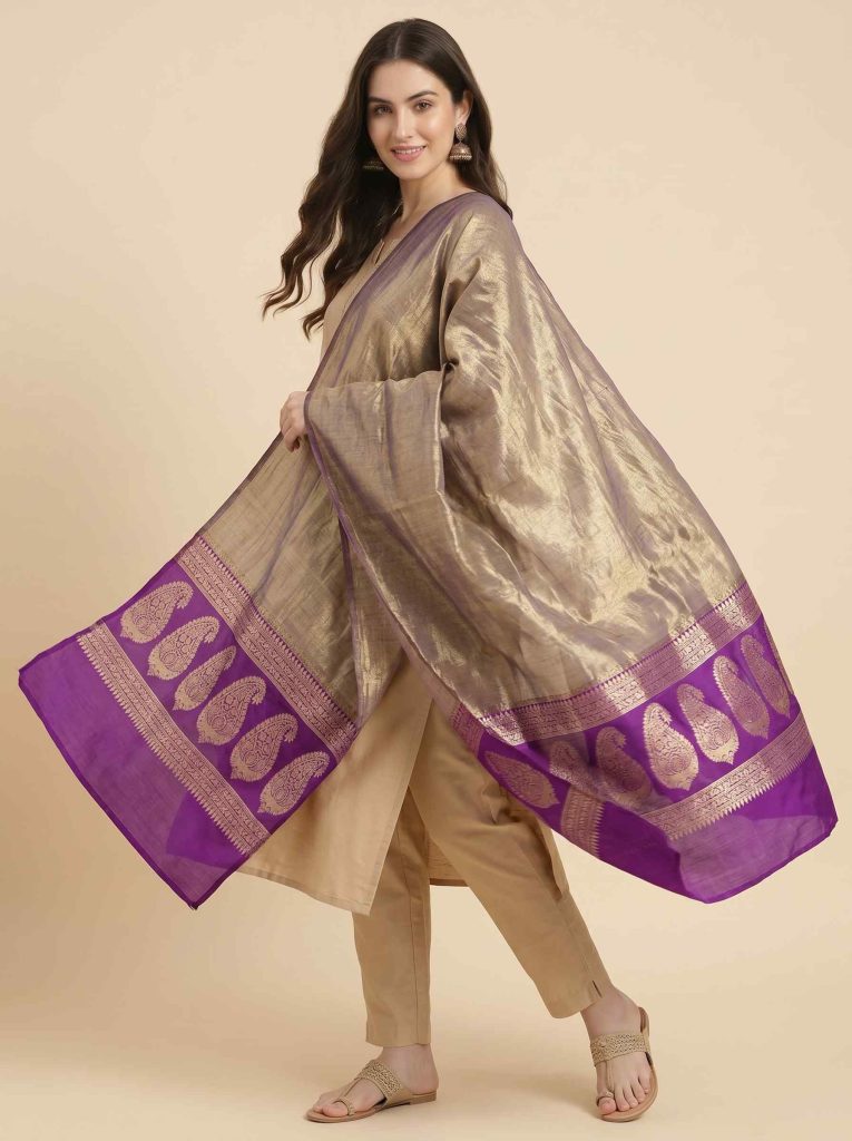 Purple Tissue Silk Pure Banarasi Dupatta With Floral Boota Work