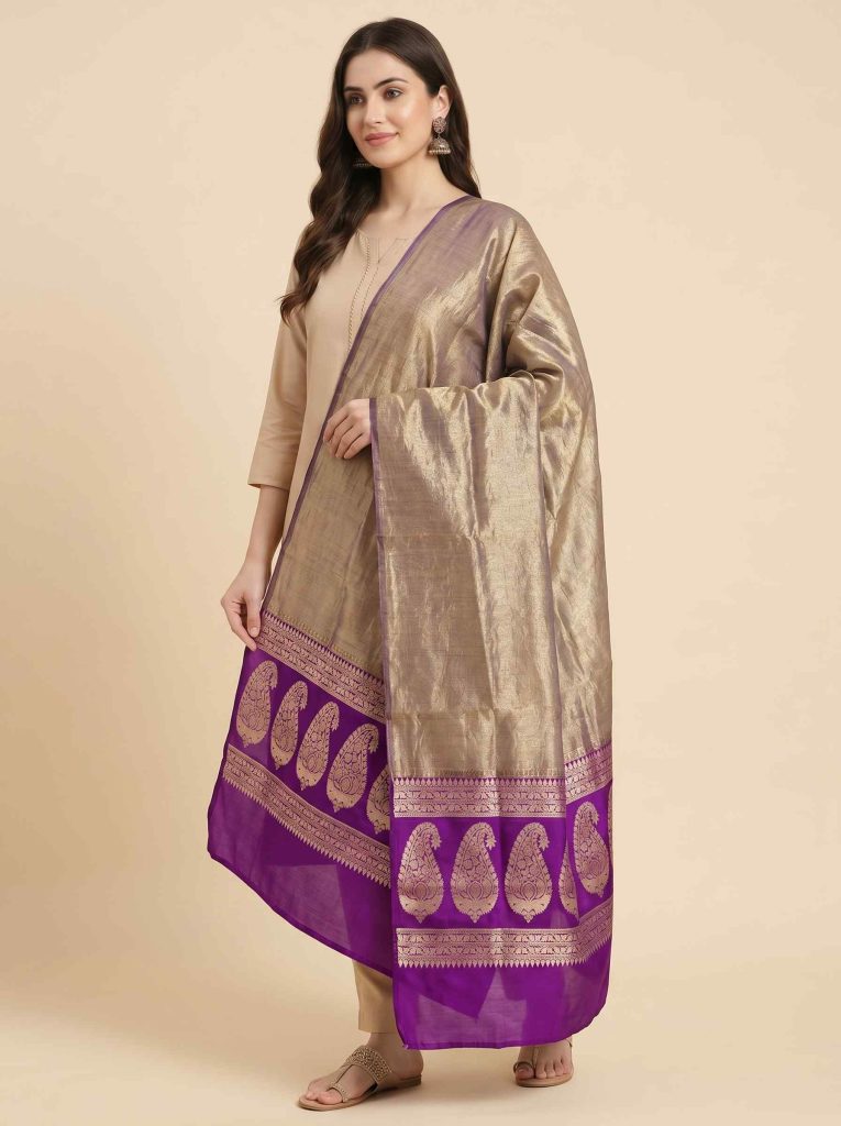 Purple Tissue Silk Pure Banarasi Dupatta With Floral Boota Work