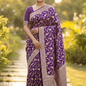 Purple Viscose Silk Pure Banarasi Saree With Beautiful Floral Zari Jaal Work