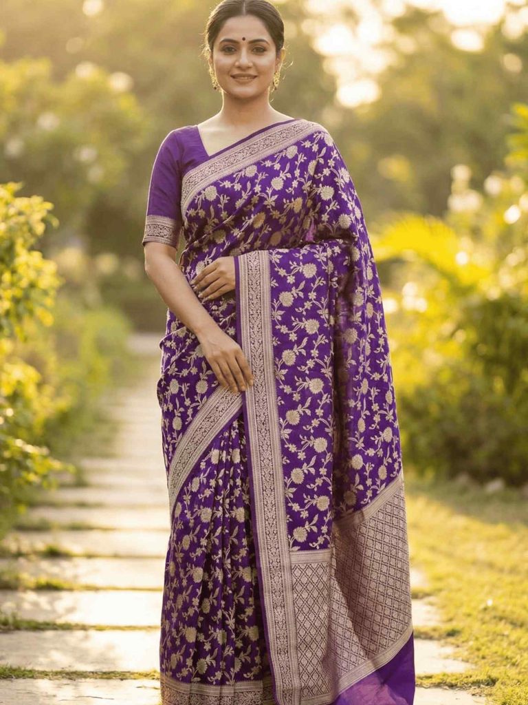 Purple Viscose Silk Pure Banarasi Saree With Beautiful Floral Zari Jaal Work
