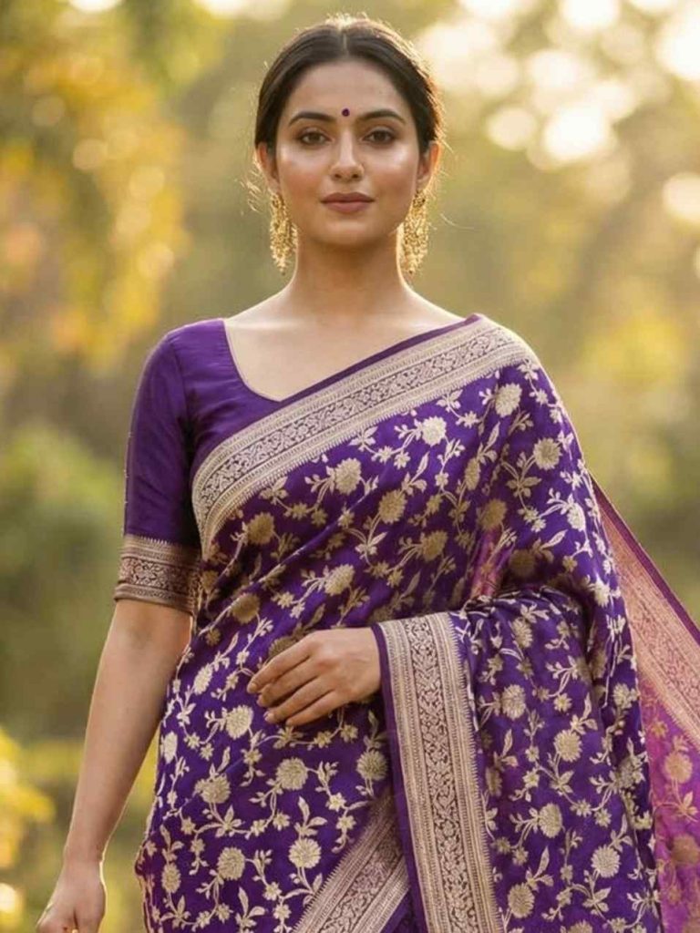 Purple Viscose Silk Pure Banarasi Saree With Beautiful Floral Zari Jaal Work