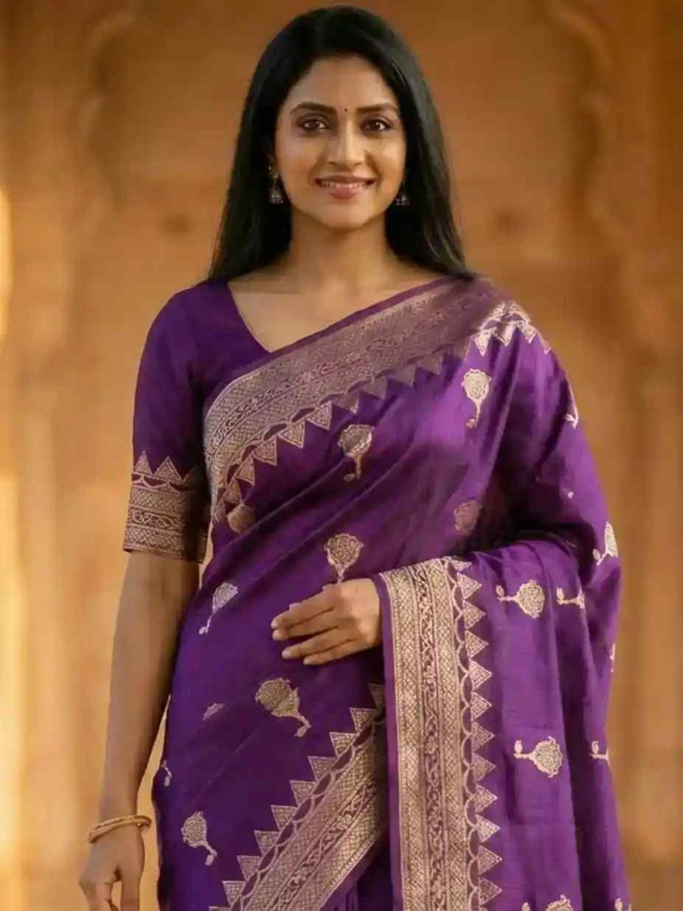 Purple Viscose Silk Pure Banarasi Saree With Beautiful Floral & Minakari Work