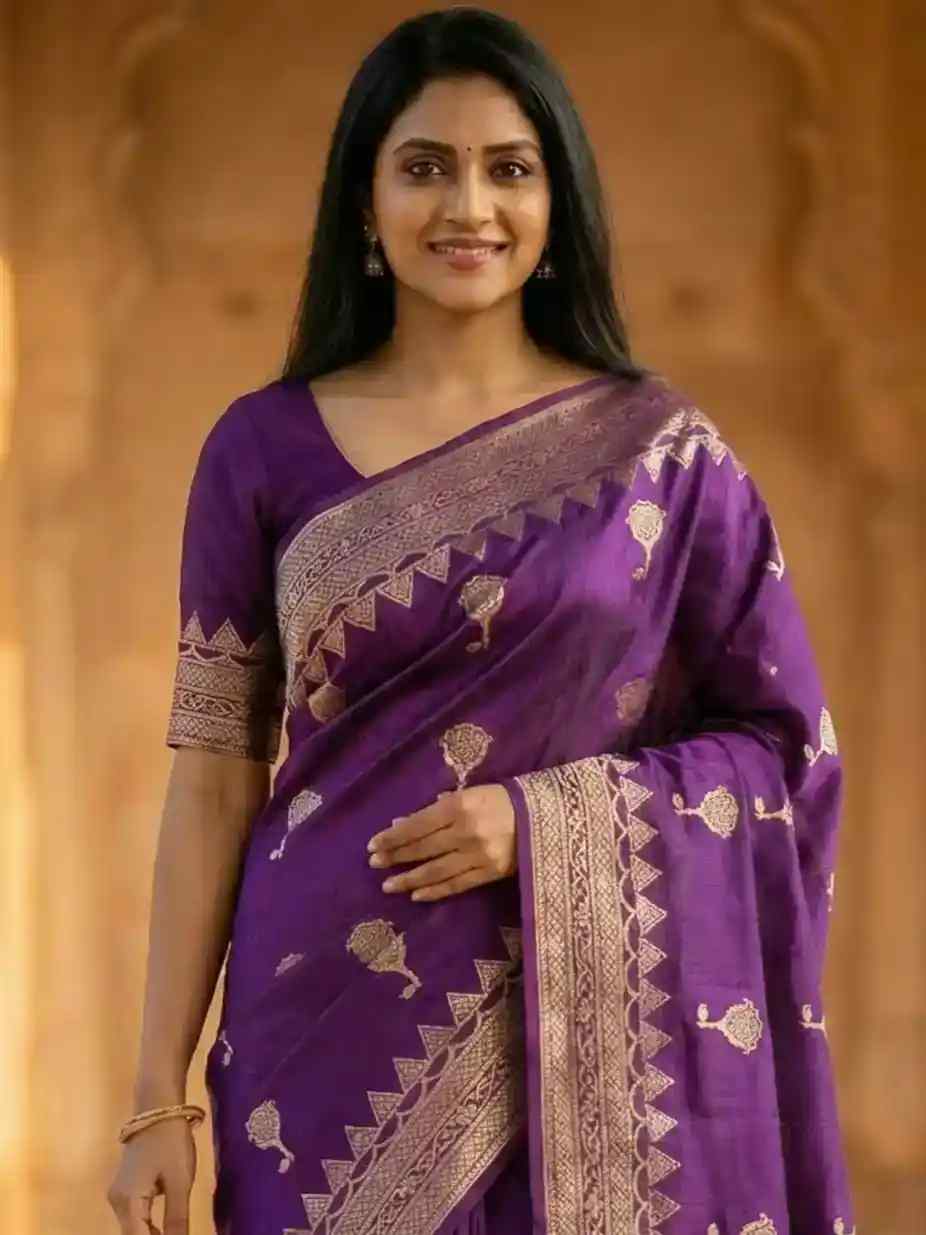 Purple Viscose Silk Pure Banarasi Saree With Beautiful Floral & Minakari Work