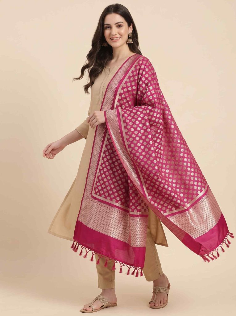Rani Pink Semi Kataan Silk Banarasi Dupatta With Beautiful Booti Zari Work