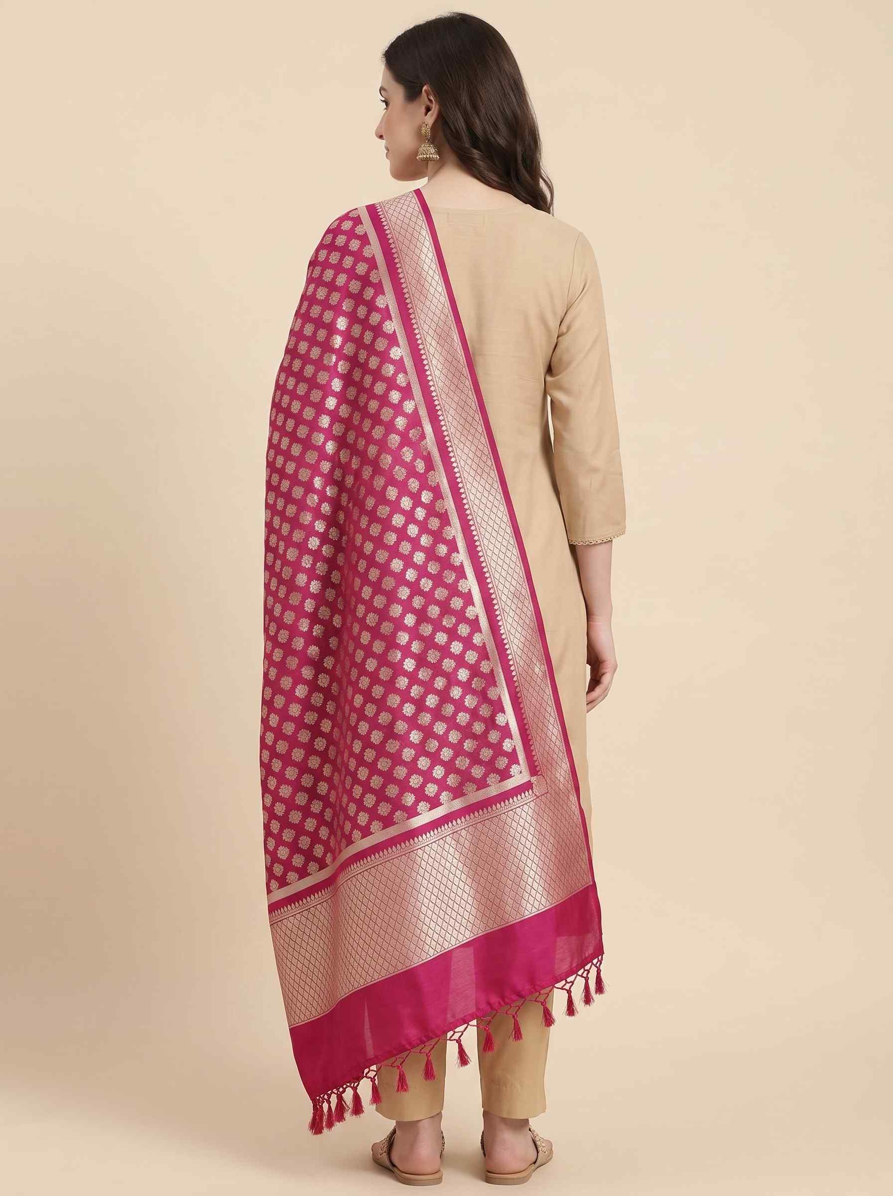 Rani Pink Semi Kataan Silk Banarasi Dupatta With Beautiful Booti Zari Work