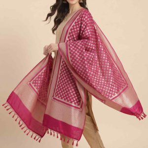 Rani Pink Semi Kataan Silk Banarasi Dupatta With Beautiful Booti Zari Work