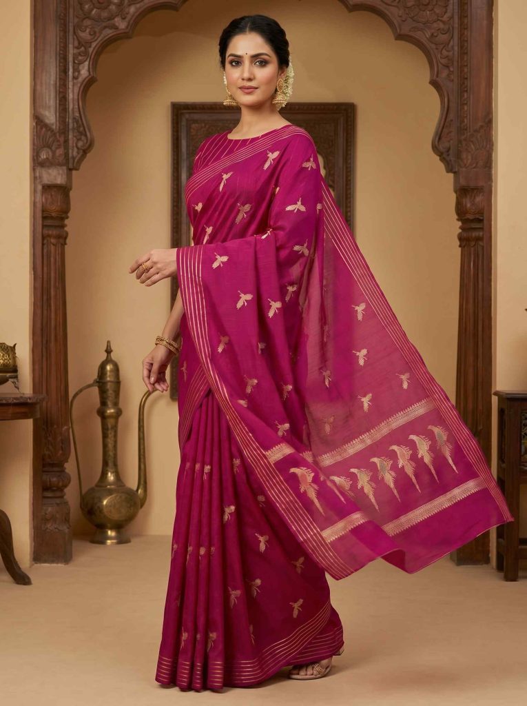 Magenta Handwoven Raw Mango Silk Banarasi Saree