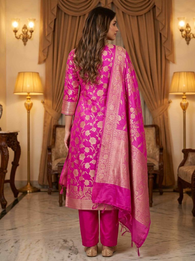 Rani Pink Semi Silk Banarasi Dress Material
