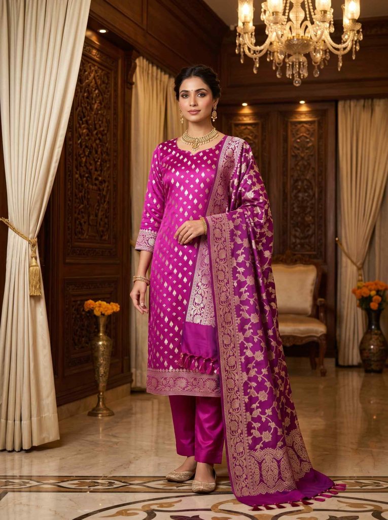 Wine Semi Silk Banarasi Dress Material