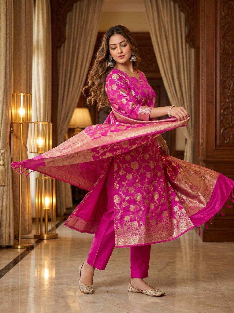 Rani Pink Semi Silk Banarasi Dress Material