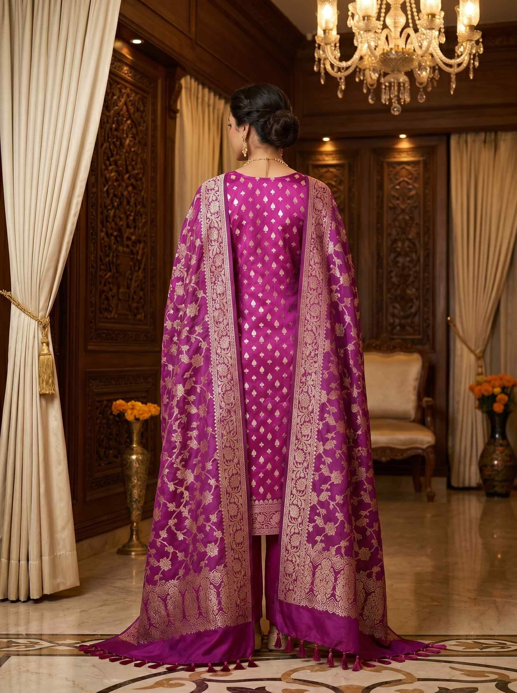Wine Semi Silk Banarasi Dress Material
