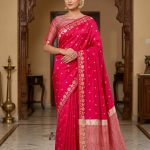 Red Chiniya Silk Pure Banarasi Saree With Beautiful Booti & Floral Zari Border Work