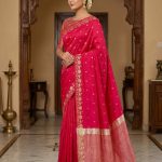 Red Chiniya Silk Pure Banarasi Saree With Beautiful Booti & Floral Zari Border Work