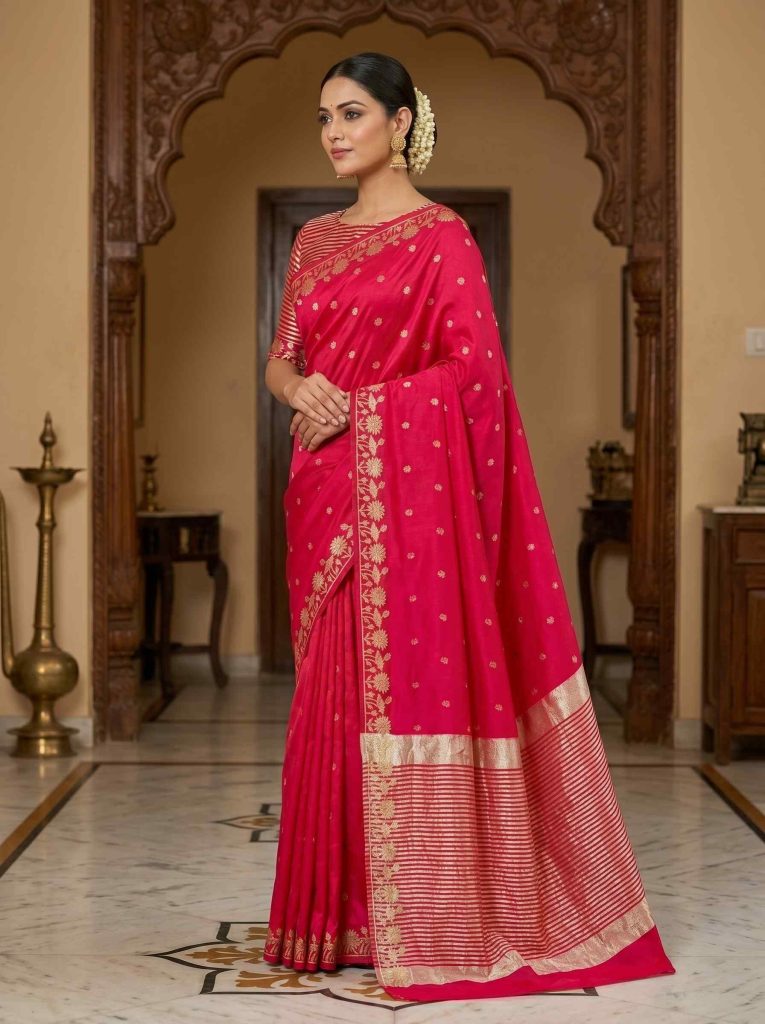Red Chiniya Silk Pure Banarasi Saree With Beautiful Booti & Floral Zari Border Work