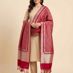 Red Semi Kataan Silk Banarasi Dupatta With Beautiful Booti Zari Work