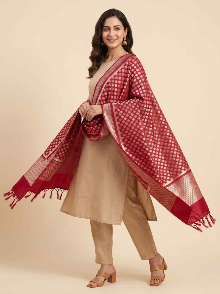 Red Semi Kataan Silk Banarasi Dupatta With Beautiful Booti Zari Work