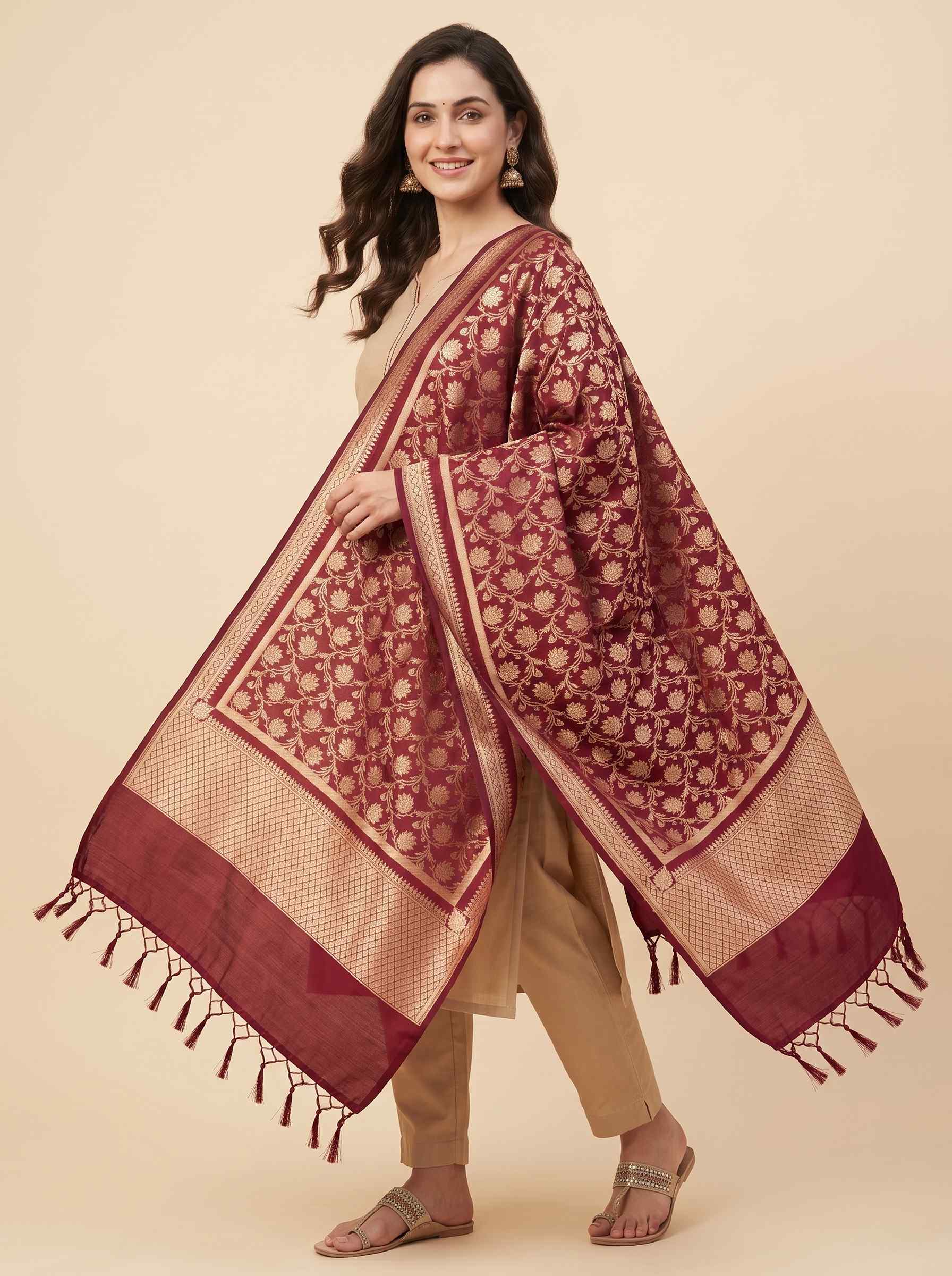 Red Kataan Silk Banarasi Dupatta With Beautiful Floral Jaal Zari Work