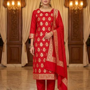 Red Semi Silk Banarasi Dress Material