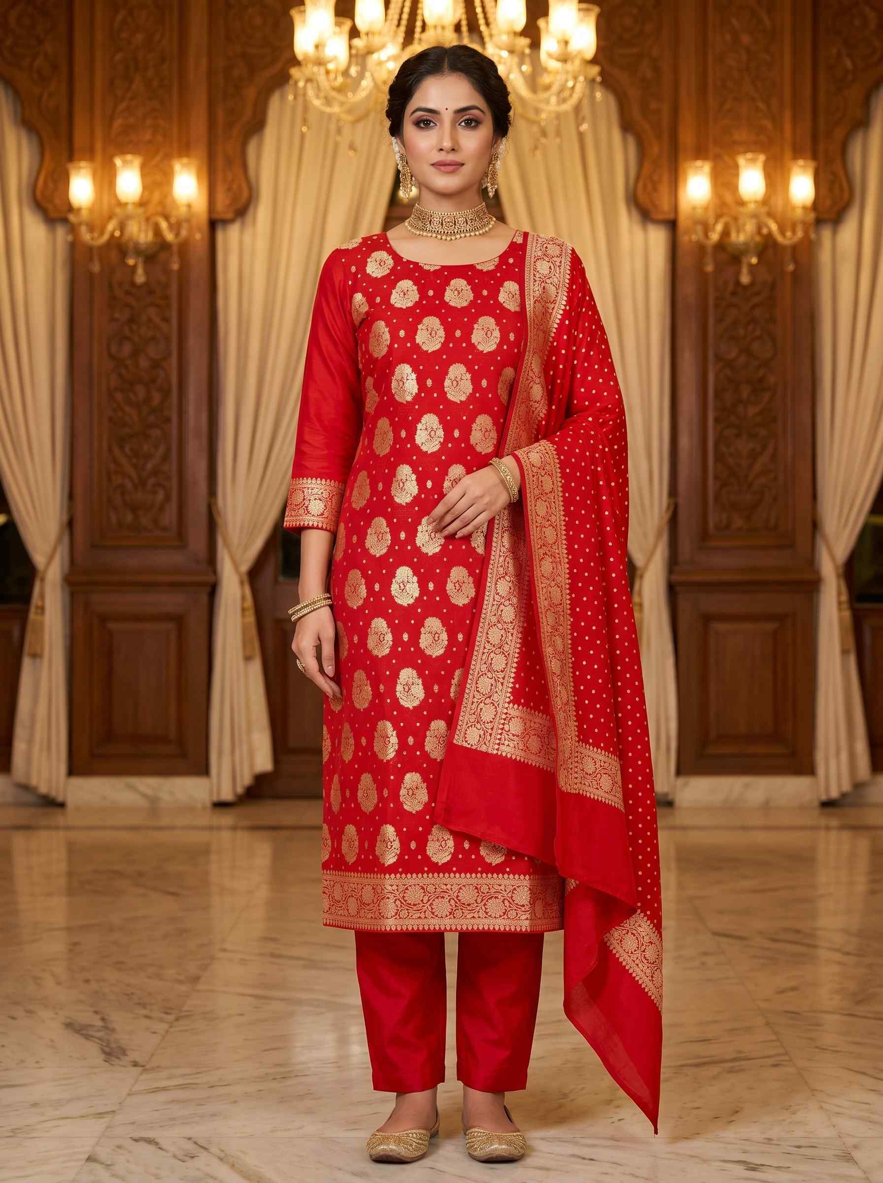 Red Semi Silk Banarasi Dress Material