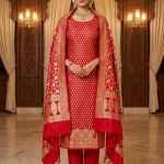 Red Semi Silk Banarasi Dress Material
