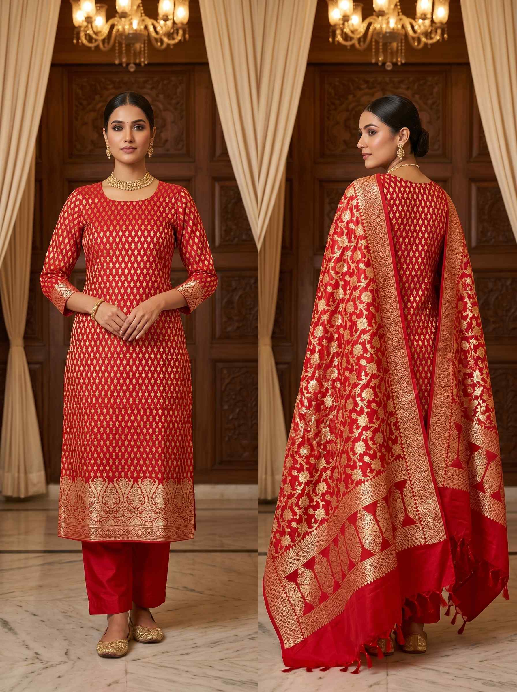 Red Semi Silk Banarasi Dress Material