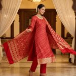 Red Semi Silk Banarasi Dress Material