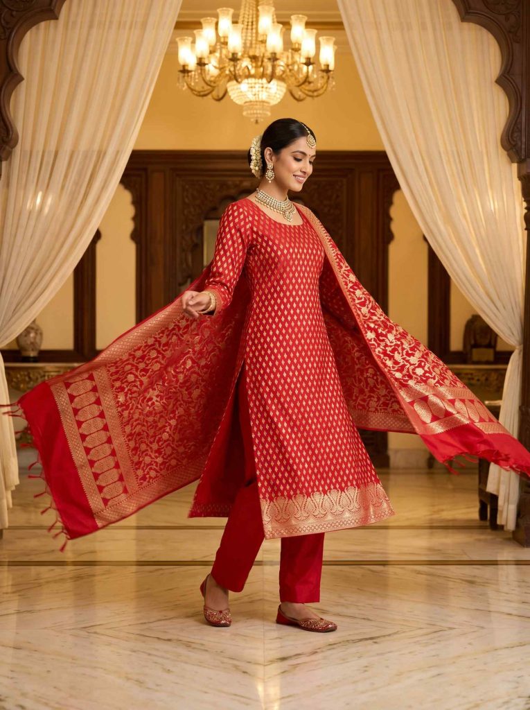 Red Semi Silk Banarasi Dress Material
