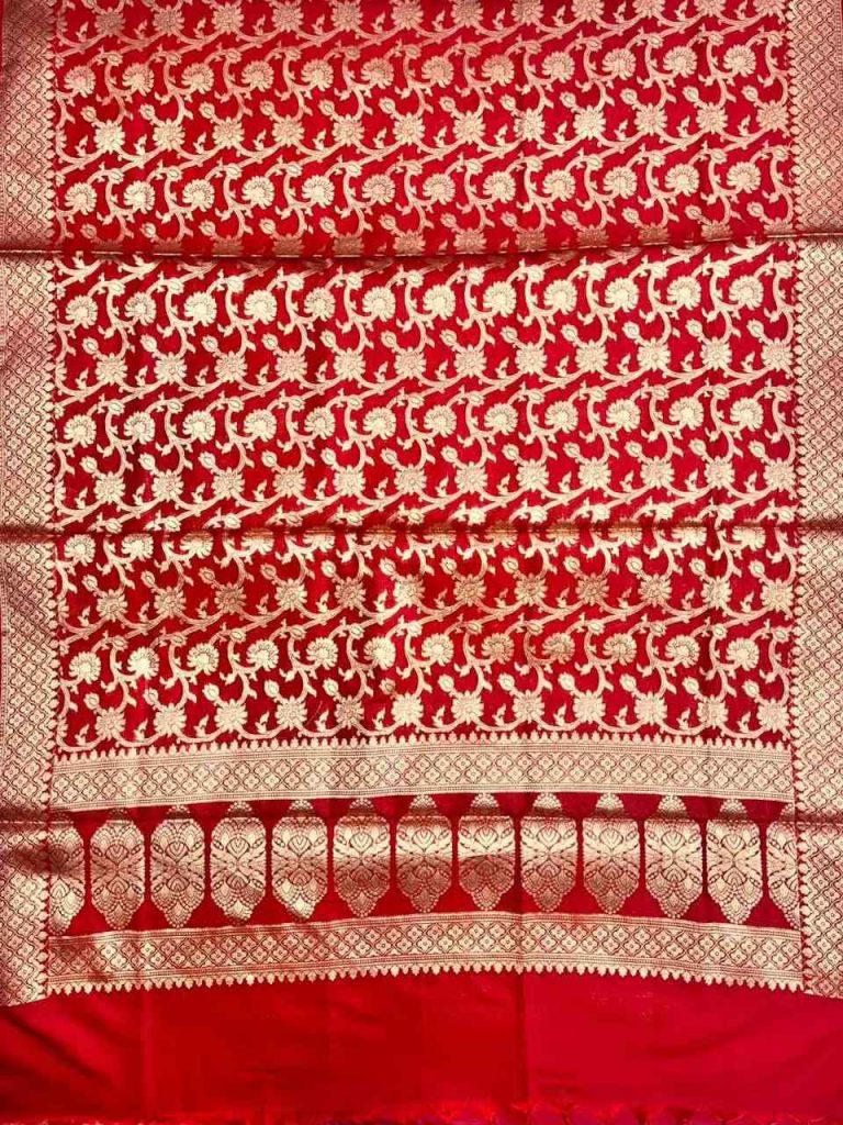 Red Semi Silk Banarasi Dress Material