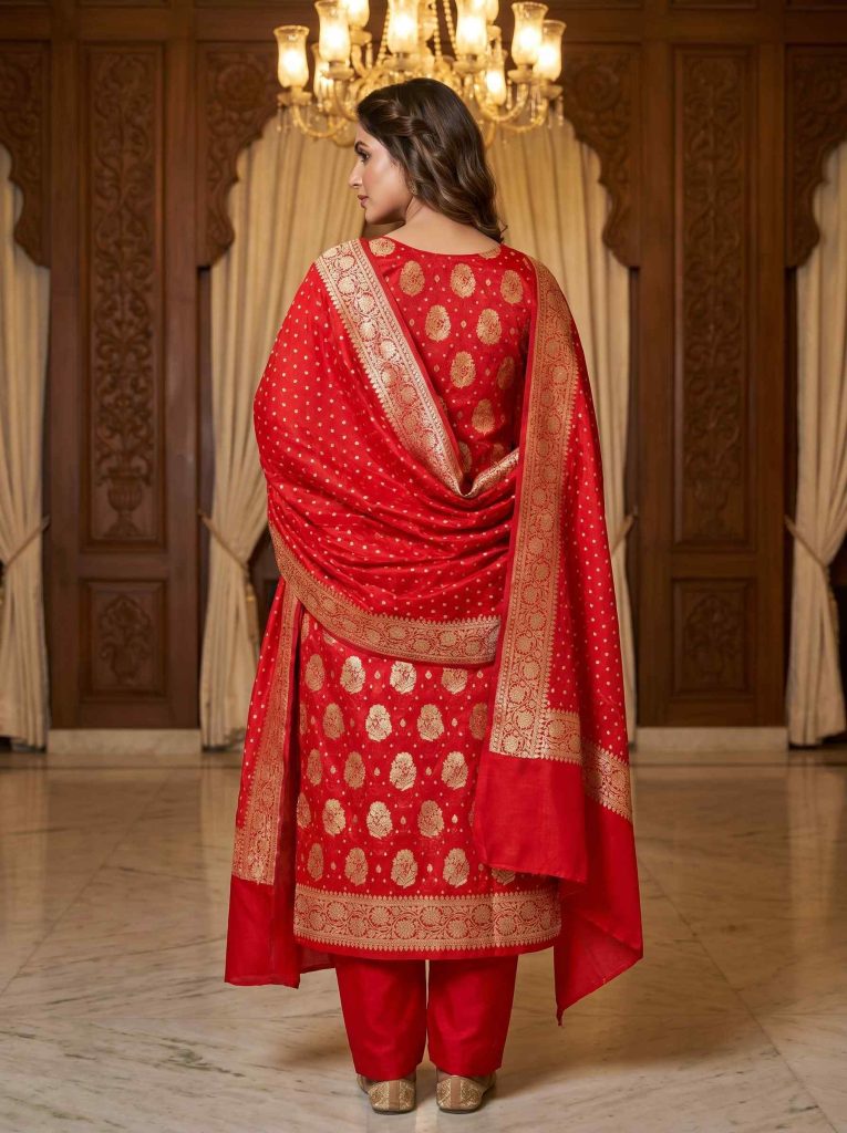 Red Semi Silk Banarasi Dress Material