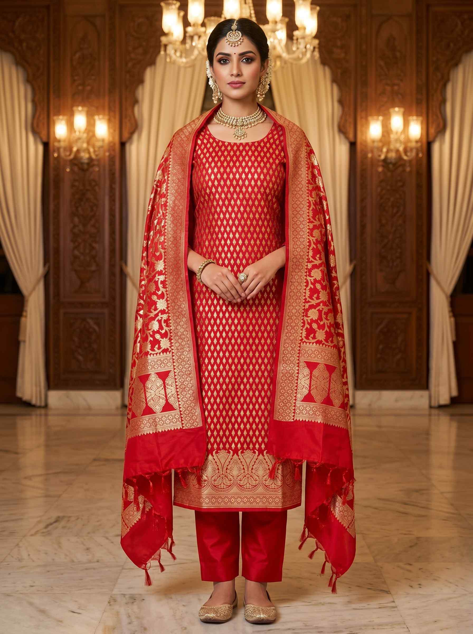 Red Semi Silk Banarasi Dress Material