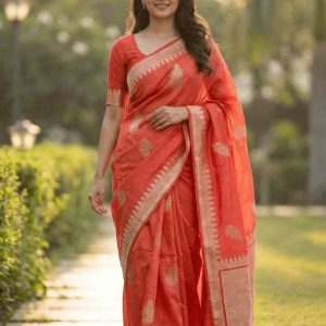 Rich Orange Viscose Silk Pure Banarasi Saree With Beautiful Floral Leaf Zari & Red Minakari Work