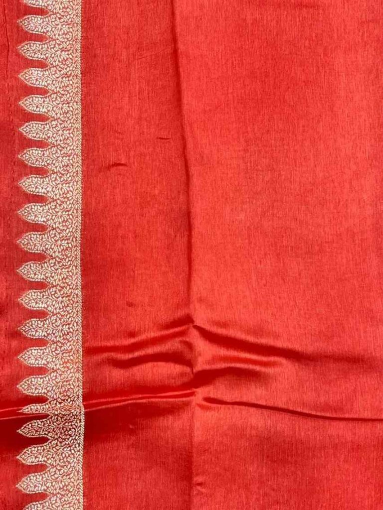 Rich Orange Viscose Silk Pure Banarasi Saree With Beautiful Floral Leaf Zari & Red Minakari Work