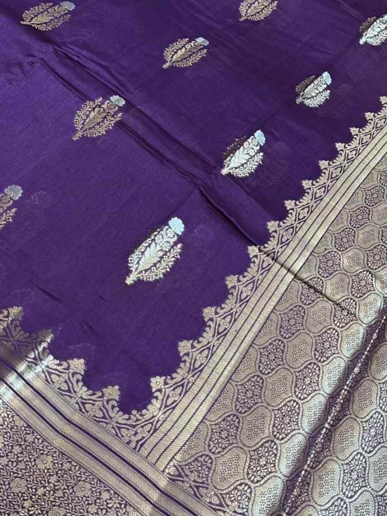 Purple Viscose Silk Pure Banarasi Saree With Beautiful Floral Zari & White Minakari Work