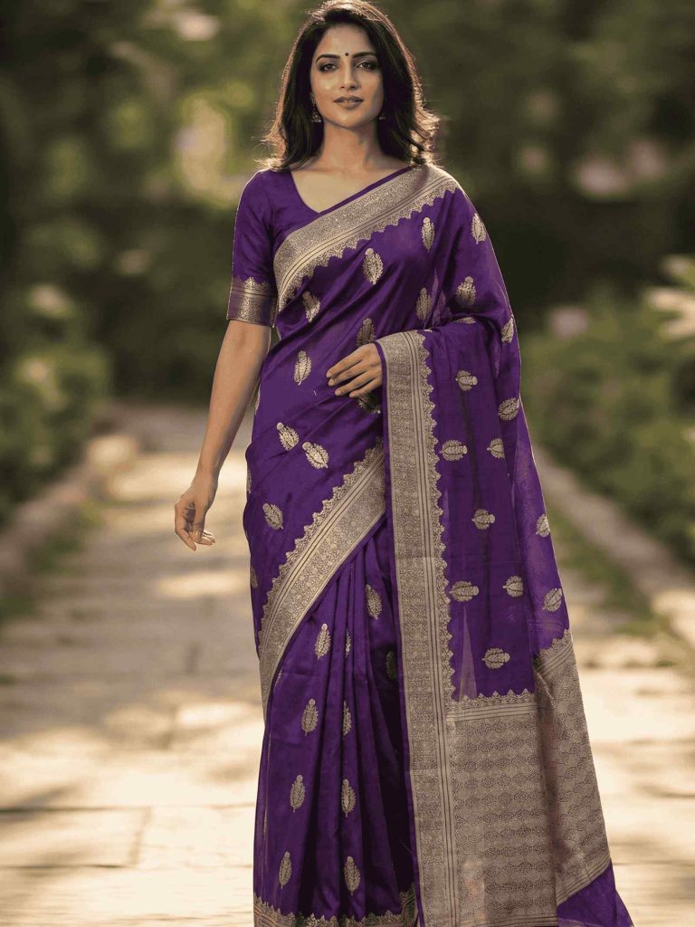 Purple Viscose Silk Pure Banarasi Saree With Beautiful Floral Zari & White Minakari Work