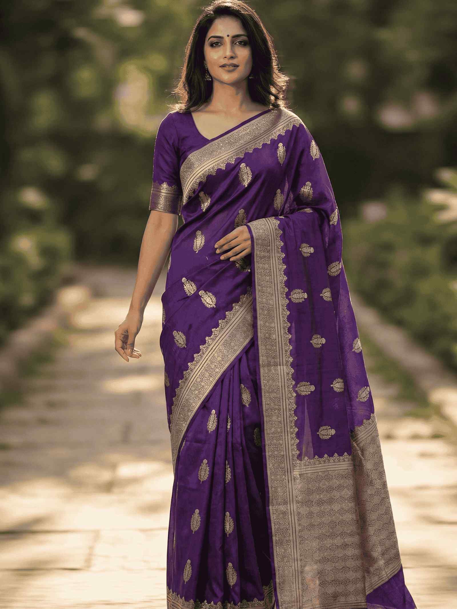 Purple Viscose Silk Pure Banarasi Saree With Beautiful Floral Zari & White Minakari Work