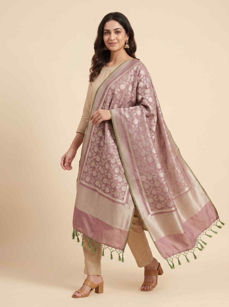 Rose Gold Semi Kataan Silk Banarasi Dupatta With Beautiful Floral Jaal Zari Work