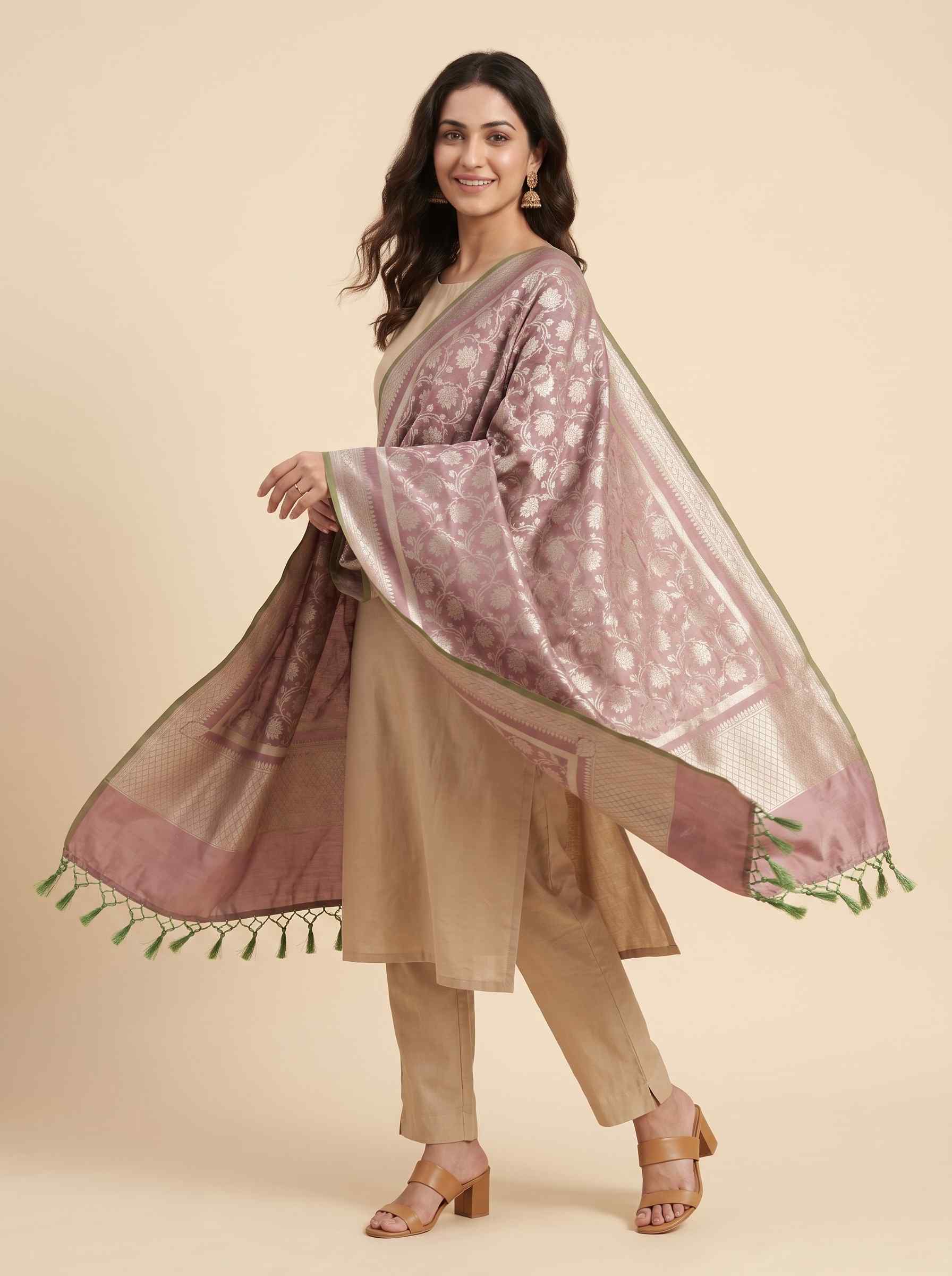 Rose Gold Semi Kataan Silk Banarasi Dupatta With Beautiful Floral Jaal Zari Work