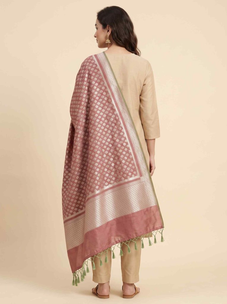 Rose Gold Semi Kataan Silk Banarasi Dupatta With Beautiful Booti Zari Work