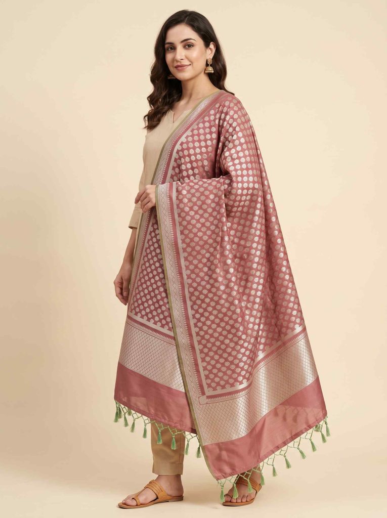 Rose Gold Semi Kataan Silk Banarasi Dupatta With Beautiful Booti Zari Work