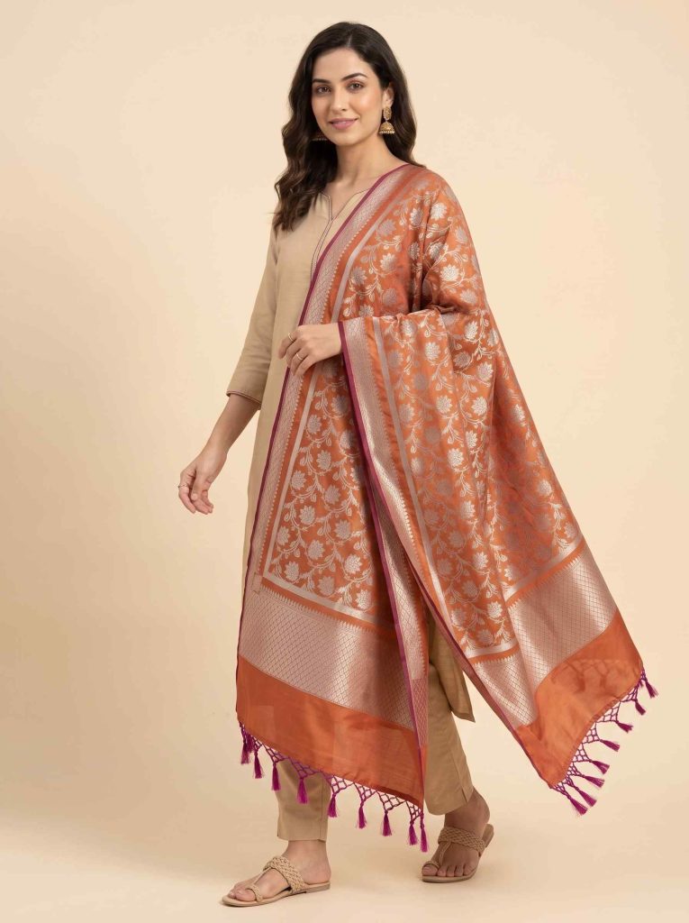 Rust Semi Kataan Silk Banarasi Dupatta With Beautiful Floral Jaal Zari Work