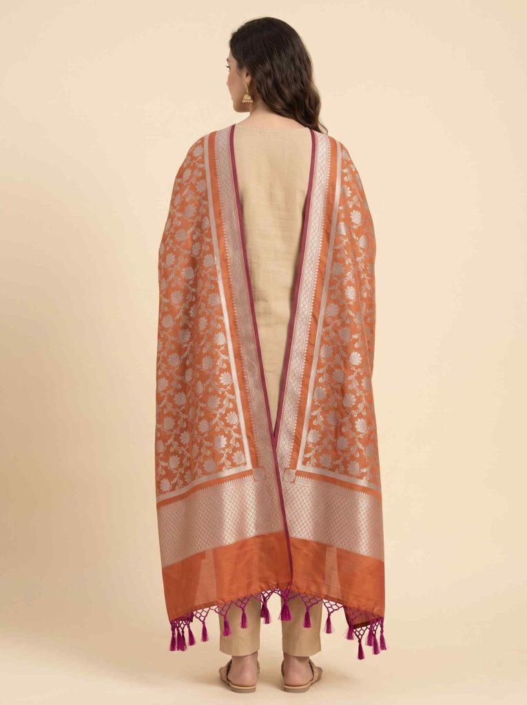 Rust Semi Kataan Silk Banarasi Dupatta With Beautiful Floral Jaal Zari Work