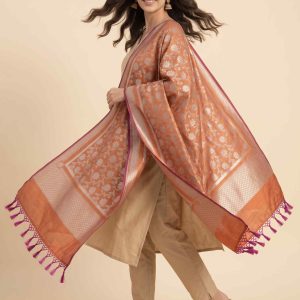 Rust Semi Kataan Silk Banarasi Dupatta With Beautiful Floral Jaal Zari Work