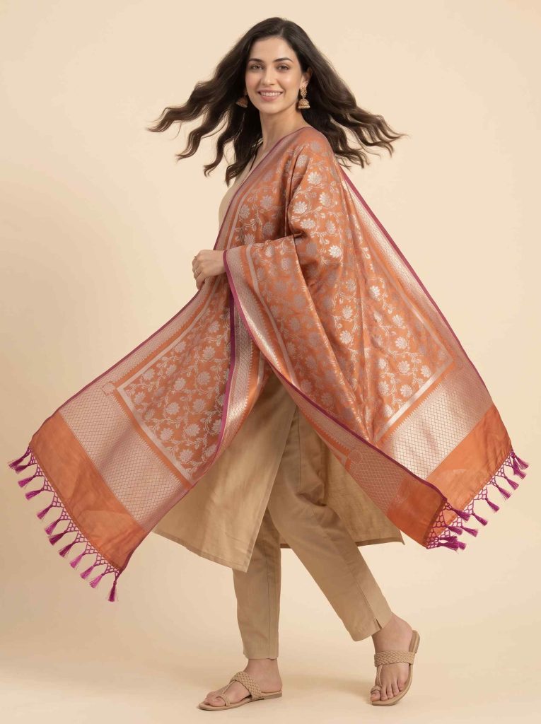 Rust Semi Kataan Silk Banarasi Dupatta With Beautiful Floral Jaal Zari Work