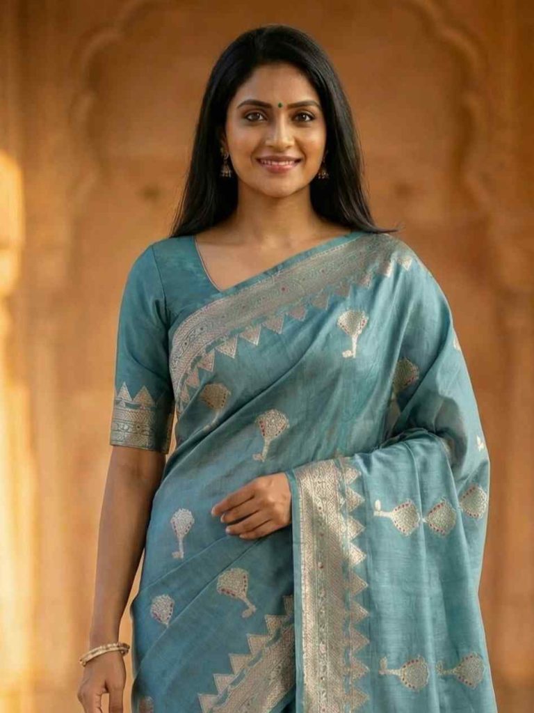 Sea Green Viscose Silk Pure Banarasi Saree With Beautiful Floral & Minakari Work