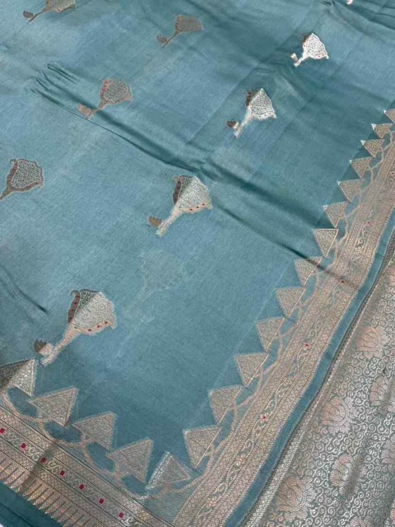 Sea Green Viscose Silk Pure Banarasi Saree With Beautiful Floral & Minakari Work