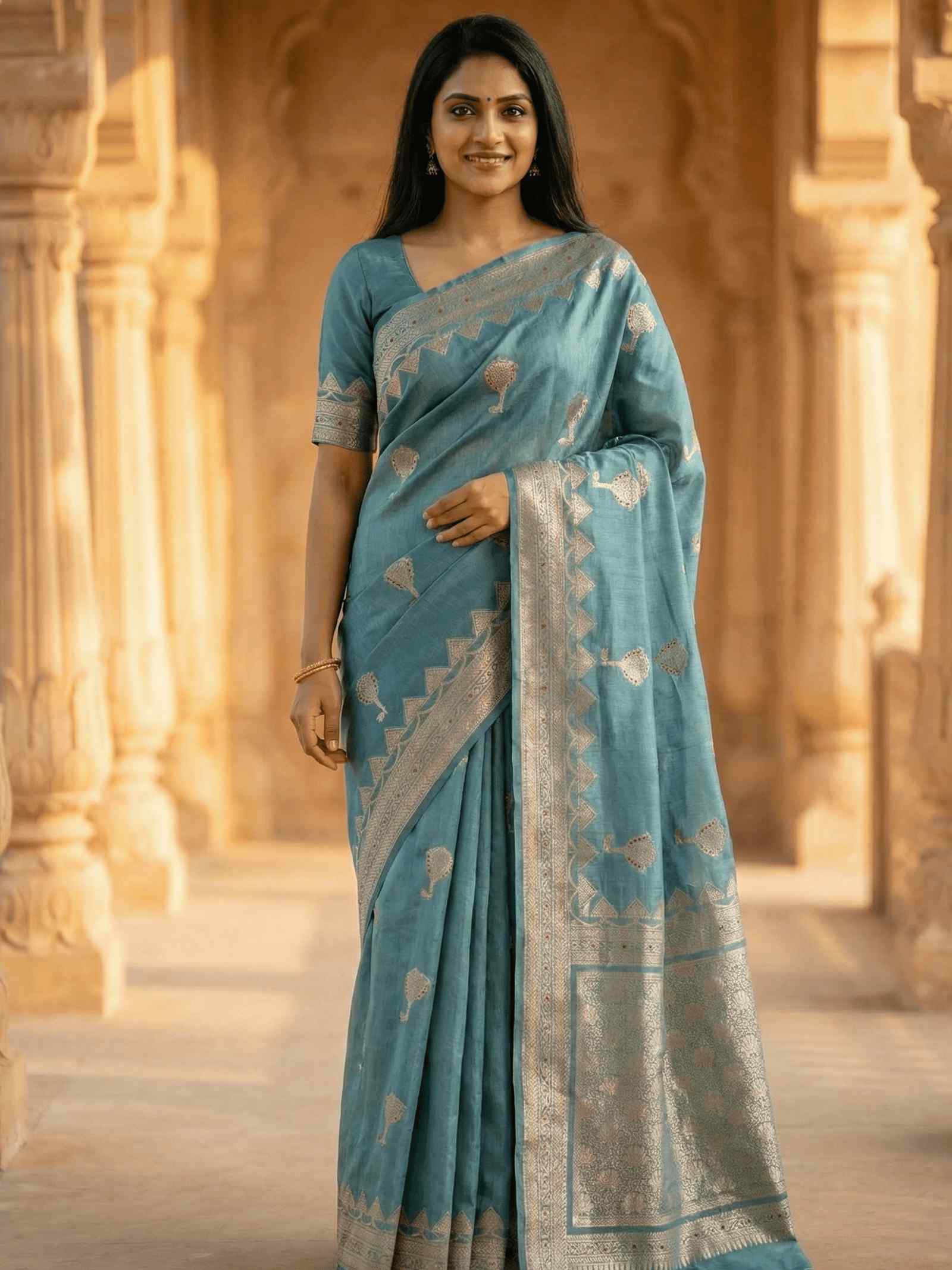 Sea Green Viscose Silk Pure Banarasi Saree With Beautiful Floral & Minakari Work