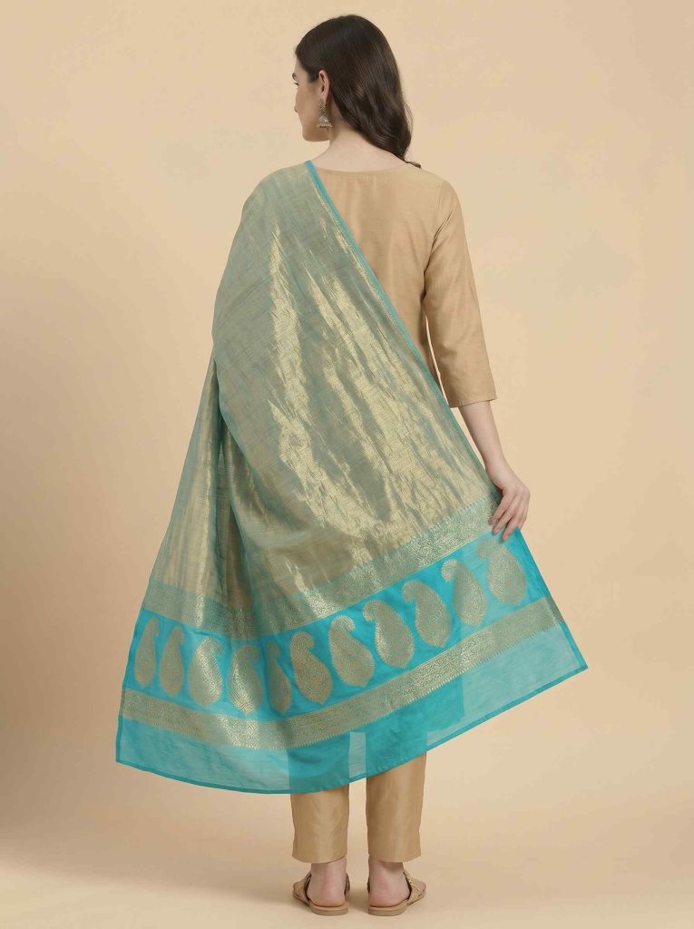 Seagreen Tissue Silk Pure Banarasi Dupatta With Floral Boota Work