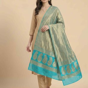 Seagreen Tissue Silk Pure Banarasi Dupatta With Floral Boota Work
